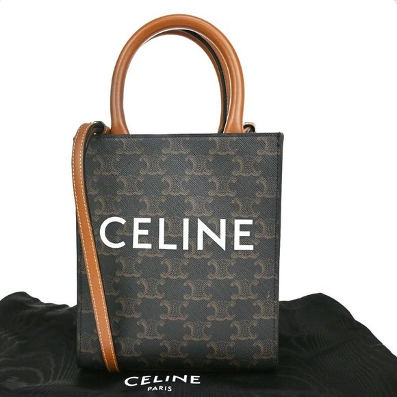 CELINE Mini Vertical Cabas 2Way Hand Bag Triomphe Canvas Leather Brown - Picture 1 of 16